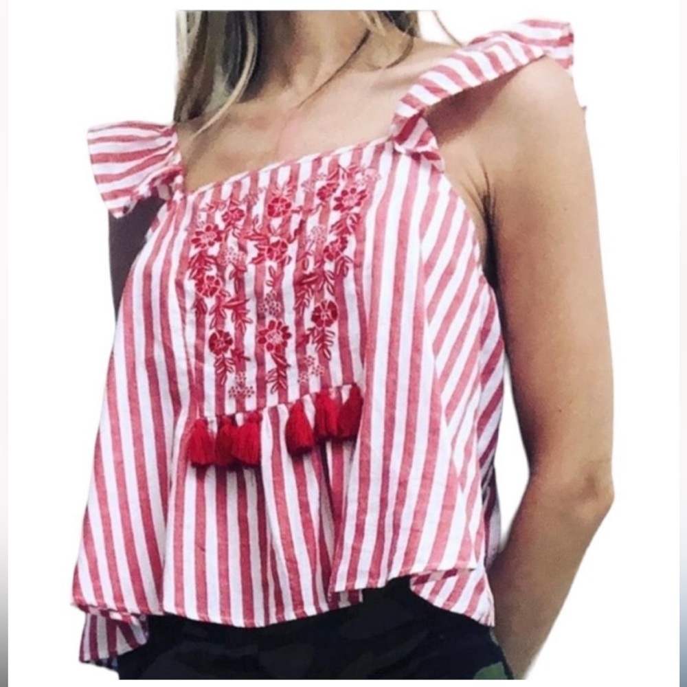 Zara red and white striped top with tassels
